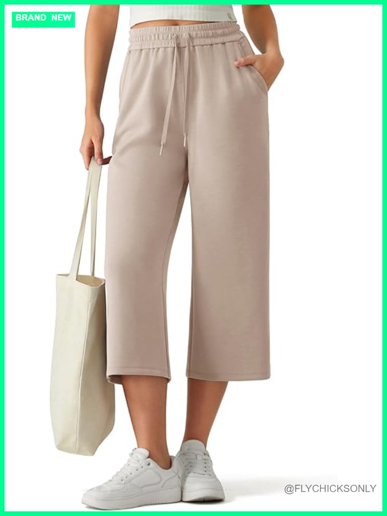 Wide Leg Capri Pants Drawstring Side Slit Pockets